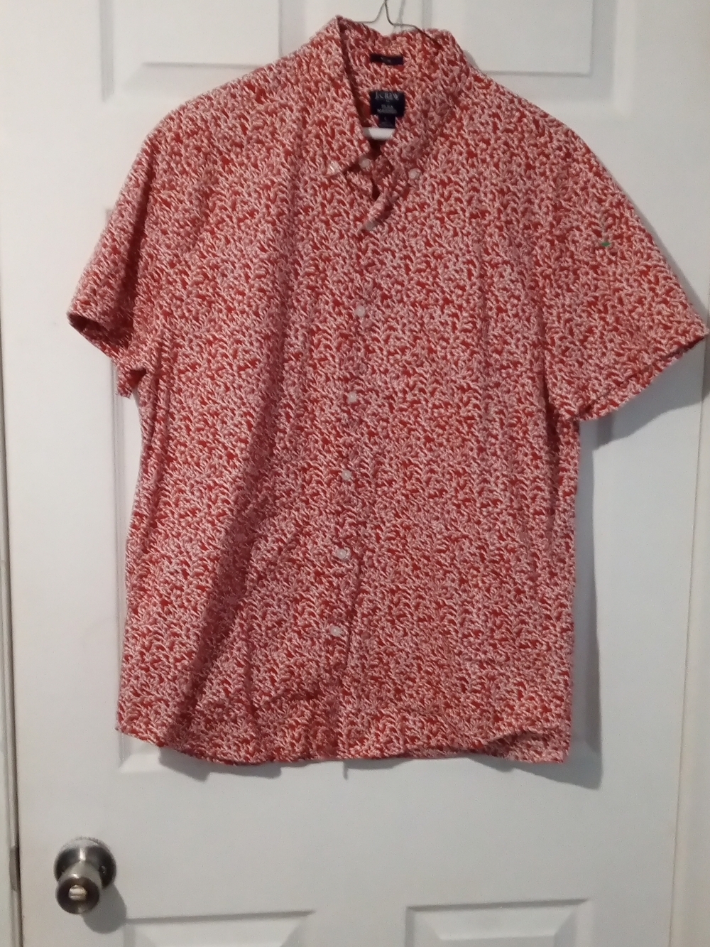 J. Crew Red and White Short-Sleeve Printed Button-Down Shirt